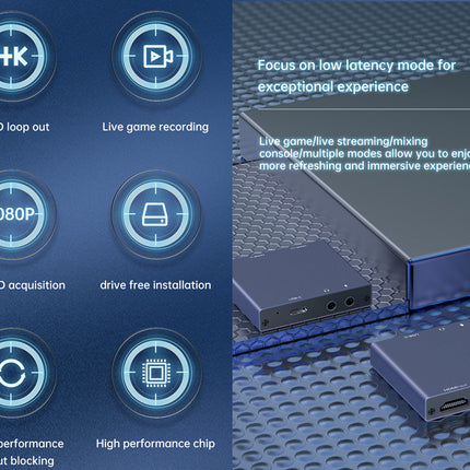 Promotional graphic for a blue streaming box or media player shown with feature icons and text highlighting 4K, live game recording, 1080P acquisition, and high performance.
