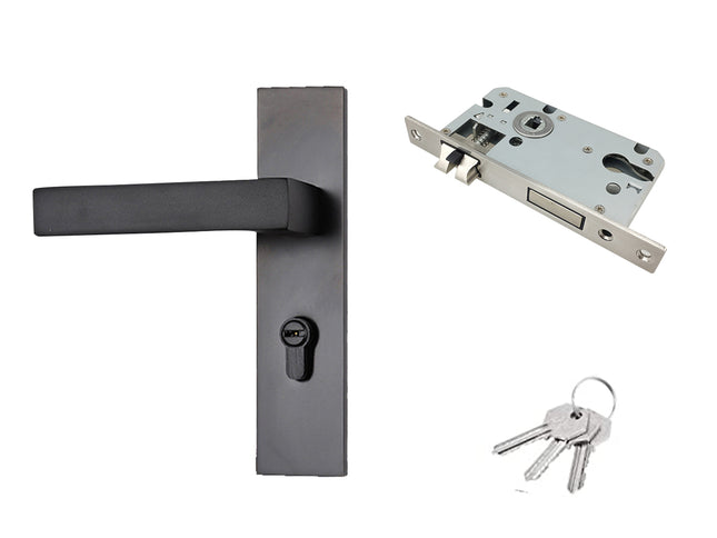 Door handle with lock mechanism and keys on a white background