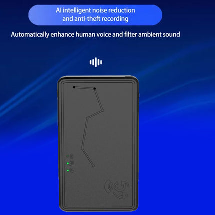 Black electronic device with text about AI noise reduction and anti-theft recording on a blue background