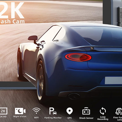 Blue car with 2K Dash Cam branding and features listed below.