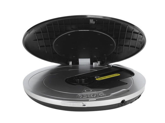 A compact disc player with its lid open, showing the interior tray and a disc inside, photographed on a plain white background.