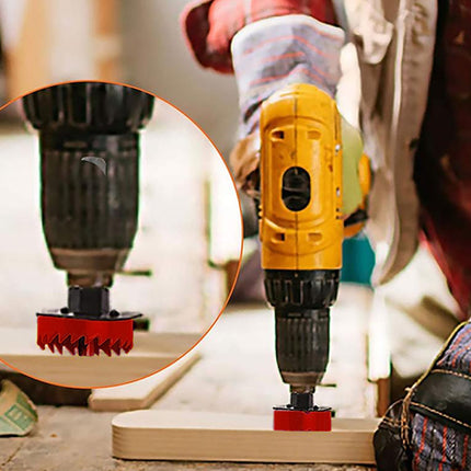 Person using a yellow cordless drill on a wooden surface with an inset showing the drill bit.