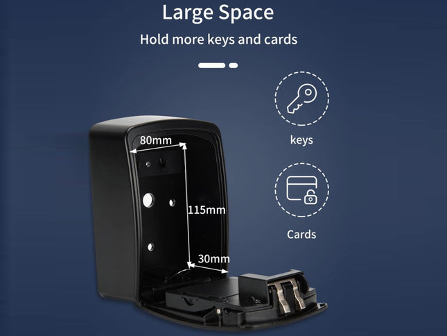 Black key and card holder with measurements on a blue background