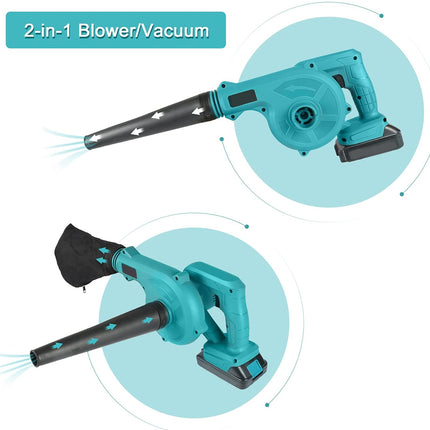 A 2-in-1 cordless blower/vacuum shown twice on a white background, each inside a light blue circular inset. The device is teal and black, with airflow arrows indicating blower and vacuum modes.
