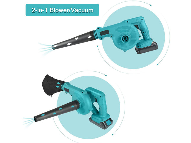 A 2-in-1 cordless blower/vacuum shown twice on a white background, each inside a light blue circular inset. The device is teal and black, with airflow arrows indicating blower and vacuum modes.