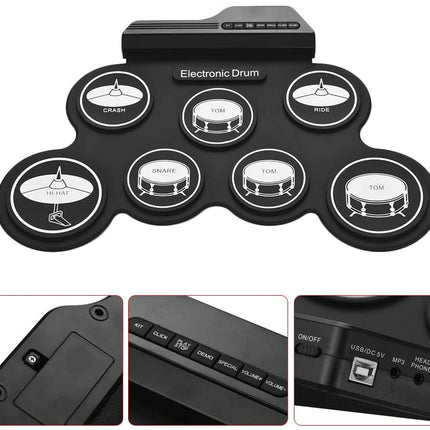 Electronic drum pad with labeled drum sounds on a white background