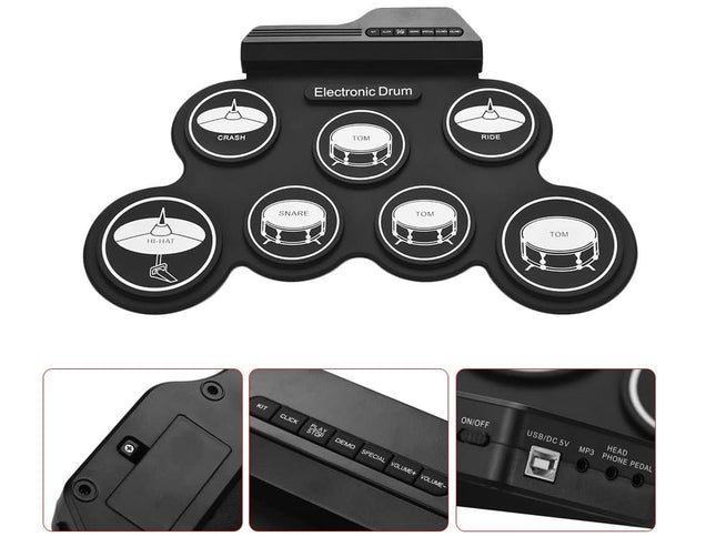 Electronic drum pad with labeled drum sounds on a white background