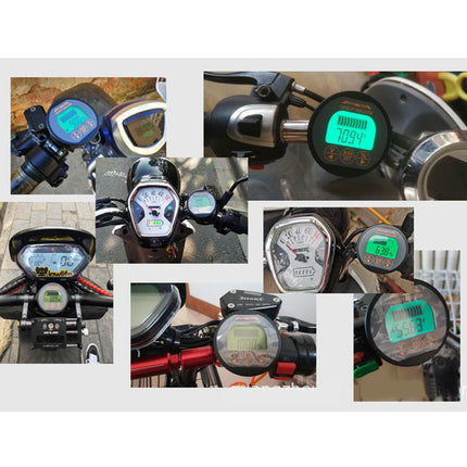 A collage of multiple close-up views showing different motorcycle or scooter dashboard instruments, mostly digital display screens and analog gauges mounted on handlebars.