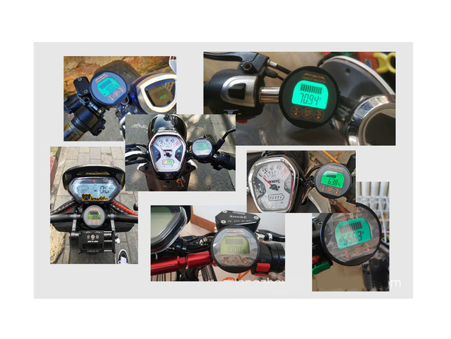 A collage of multiple close-up views showing different motorcycle or scooter dashboard instruments, mostly digital display screens and analog gauges mounted on handlebars.