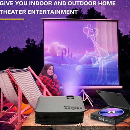 Outdoor home theater setup with projector and screen displaying a cartoon, surrounded by lounge chairs.