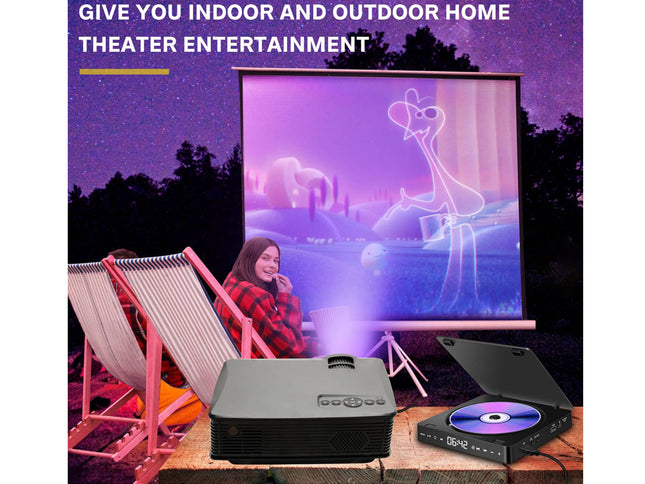 Outdoor home theater setup with projector and screen displaying a cartoon, surrounded by lounge chairs.