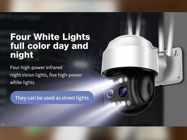 CCTV camera with white lights and text on a blurred background