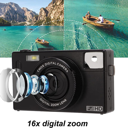 Digital camera with 16x digital zoom feature, surrounded by scenic images of a lake and mountains.