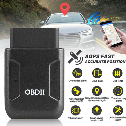 Black OBDII car diagnostic adapter shown prominently in the foreground, with a blurred car on a road in the background and a hand holding a smartphone on the right. Text reads 'AGPS FAST ACCURATE POSITION' and lists features such as over-speed alarm, move alarm, geo-fence, and vibration alarm.