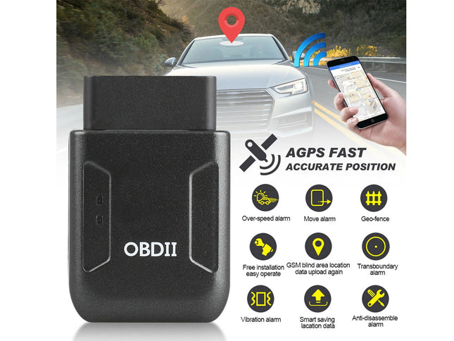 Black OBDII car diagnostic adapter shown prominently in the foreground, with a blurred car on a road in the background and a hand holding a smartphone on the right. Text reads 'AGPS FAST ACCURATE POSITION' and lists features such as over-speed alarm, move alarm, geo-fence, and vibration alarm.