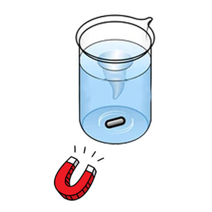 A simple line drawing showing a clear cylindrical container filled with blue liquid, a small dark oval object at the bottom, and a red horseshoe magnet below it on a white background.