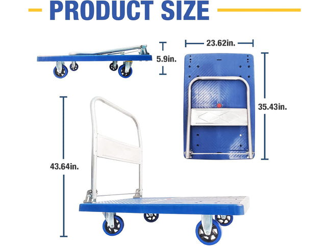 Measurement chart of a blue and silver cart with dimensions labeled.