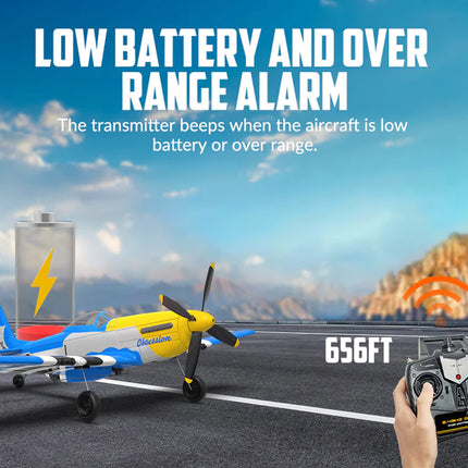Model airplane on a runway with a remote control, battery, and text about low battery and over range alarm.