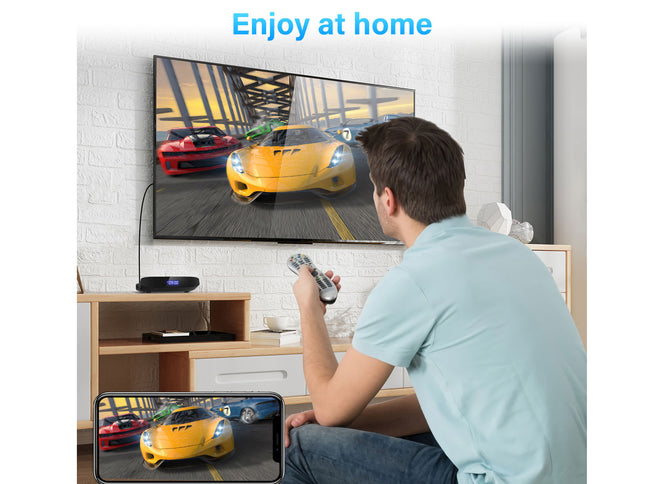Person playing a racing game on a TV and smartphone in a living room.