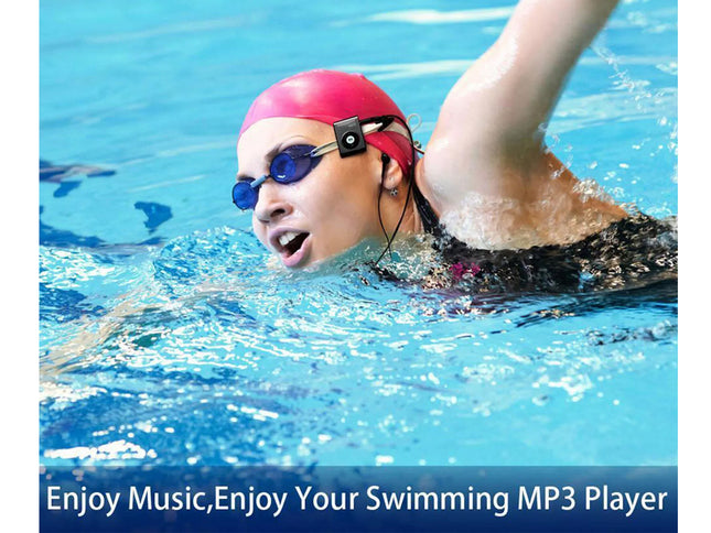 A swimmer in a pool wearing a bright pink swim cap and blue swim goggles, with a small black electronic device attached to the side of the cap. The image includes a text banner at the bottom that reads 'Enjoy Music, Enjoy Your Swimming MP3 Player'.