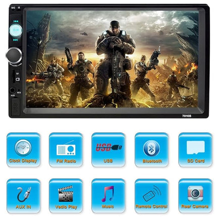 Car multimedia player with screen displaying action movie scene and control icons below.