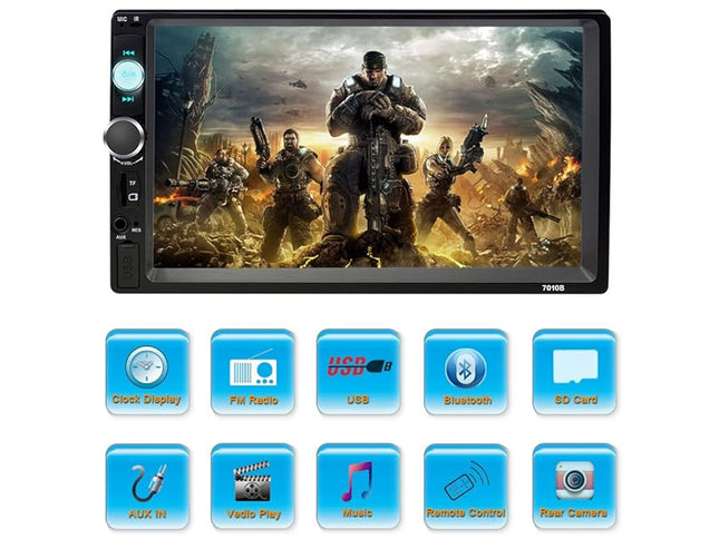 Car multimedia player with screen displaying action movie scene and control icons below.
