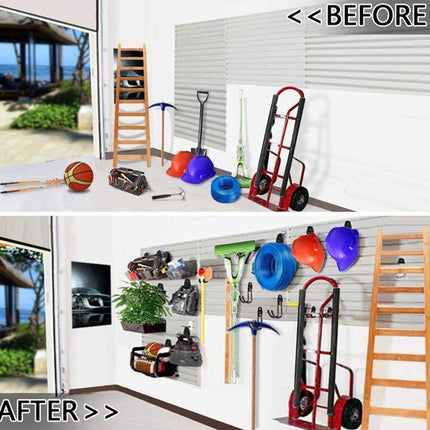 Before and after comparison of a garage organization system with tools and equipment.