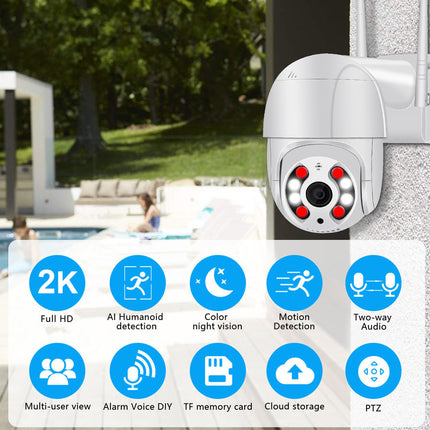 A white dome security camera mounted on a textured wall, with a poolside outdoor scene in the background and a feature icon overlay showing 2K full HD, AI humanoid detection, color night vision, motion detection, two-way audio, multi-user view, alarm voice, TF memory card, cloud storage, and PTZ support.