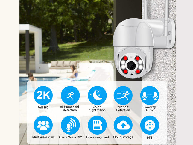A white dome security camera mounted on a textured wall, with a poolside outdoor scene in the background and a feature icon overlay showing 2K full HD, AI humanoid detection, color night vision, motion detection, two-way audio, multi-user view, alarm voice, TF memory card, cloud storage, and PTZ support.