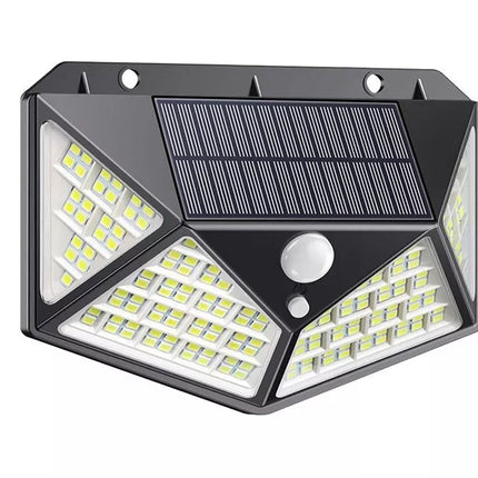 Solar-powered outdoor light with multiple LED lights on a white background