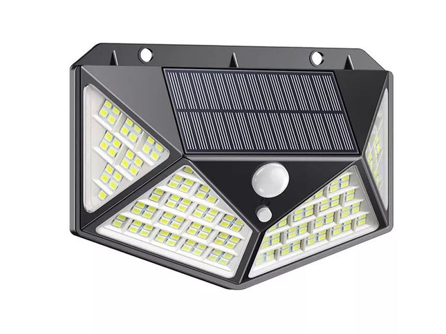 Solar-powered outdoor light with multiple LED lights on a white background