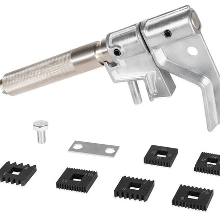 Metal gun-like tool with multiple attachments on a white background