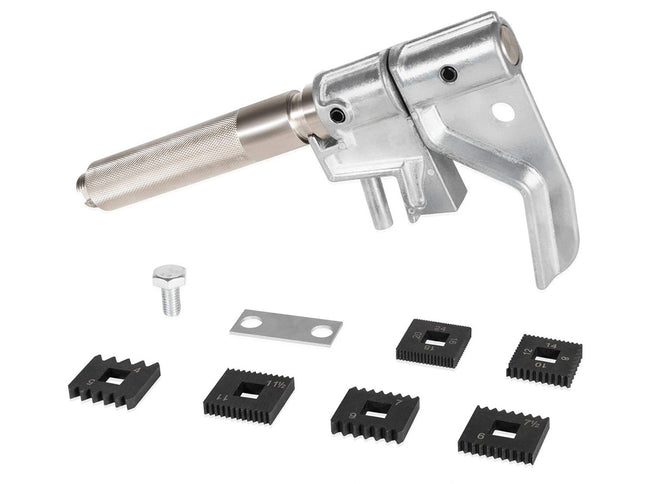 Metal gun-like tool with multiple attachments on a white background