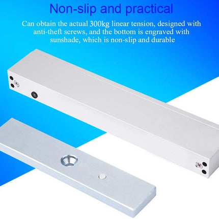 Metal brackets with text on a blue and white background