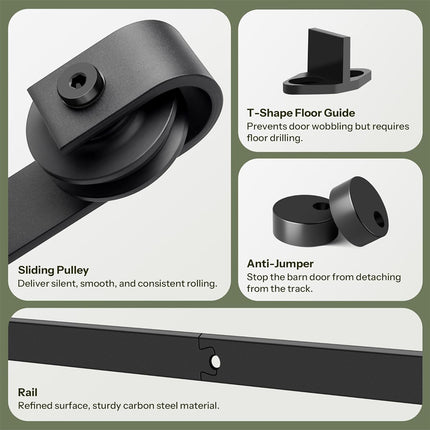 Product features of a sliding door system with components labeled on a green background.