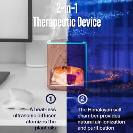 A 2-in-1 therapeutic device shown on a split desk background, with a white ultrasonic diffuser on the left and a blue salt chamber chamber on the right. The device itself has a wood-grain exterior with a visible orange and purple salt chamber.