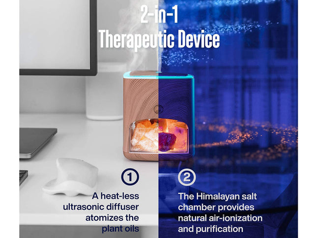 A 2-in-1 therapeutic device shown on a split desk background, with a white ultrasonic diffuser on the left and a blue salt chamber chamber on the right. The device itself has a wood-grain exterior with a visible orange and purple salt chamber.