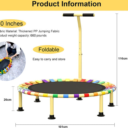 Colorful trampoline with dimensions and features on a white background