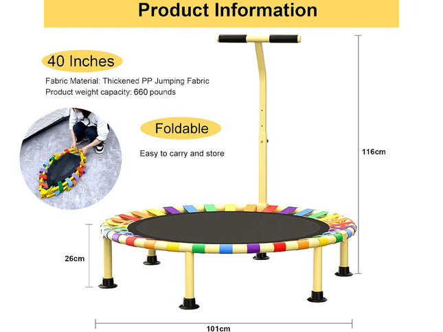 Colorful trampoline with dimensions and features on a white background