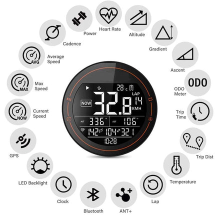 Digital display with various icons and metrics on a white background