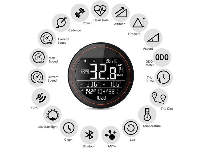 Digital display with various icons and metrics on a white background