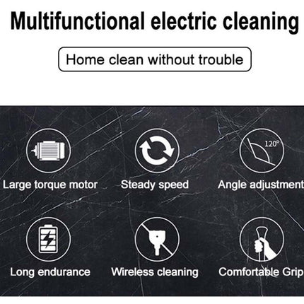 Multifunctional electric cleaning device with icons and text on a black background