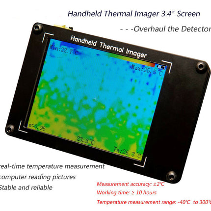 Handheld thermal imager with 3.4-inch screen displaying temperature measurements.