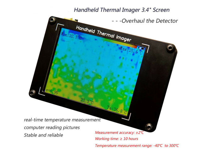 Handheld thermal imager with 3.4-inch screen displaying temperature measurements.