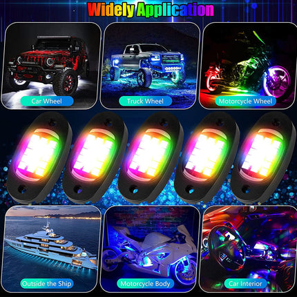 LED lights with application examples on a dark background