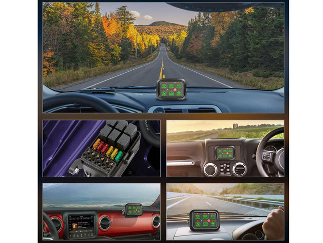 Collage of a car dashboard with a GPS device and various views of a road through trees.