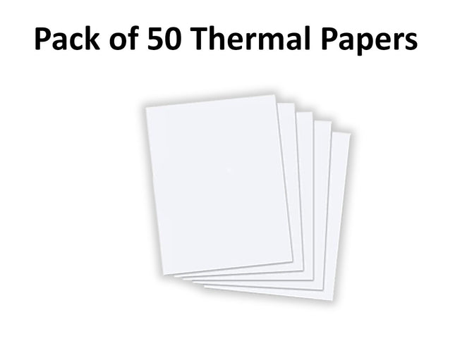Pack of 50 thermal papers on a white background with text above.
