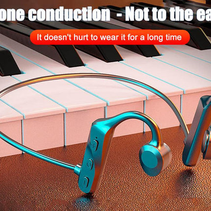 Bone conduction headphones on a piano keyboard with text about comfort.