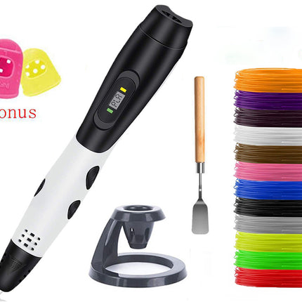 A 3D printing pen kit on a white background, featuring a black and white pen, a stand, a spatula tool, a stack of colorful 3D printing filament, and two bonus plastic covers.