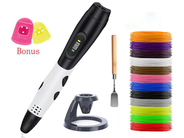 A 3D printing pen kit on a white background, featuring a black and white pen, a stand, a spatula tool, a stack of colorful 3D printing filament, and two bonus plastic covers.